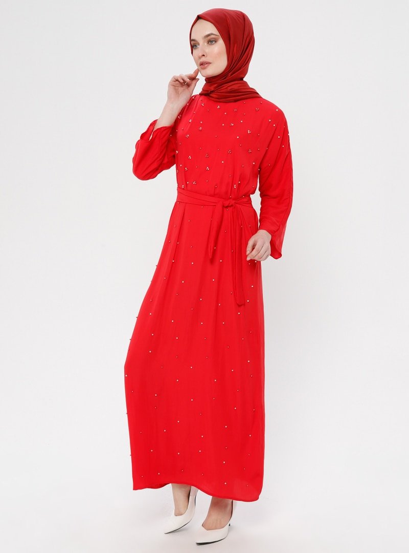 Tuncay Kırmızı İncili Elbise