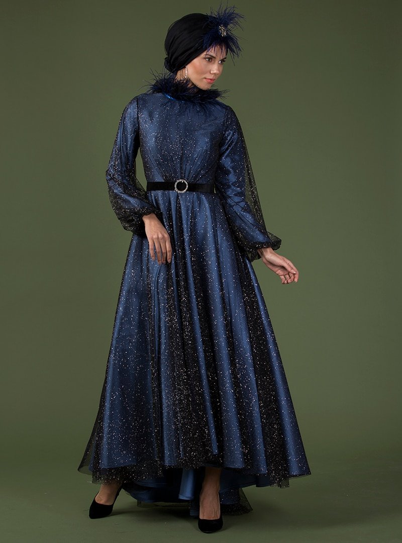 JAQAR Siyah Mavi Yaka Detaylı Tasarım Abiye Elbise