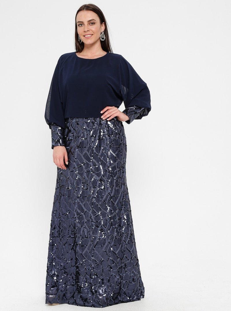 Arıkan Lacivert Payetli Abiye Elbise