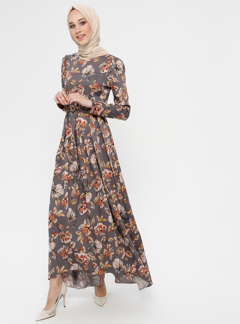 Moda Zenis Gri Çiçek Desenli Kuşaklı Elbise