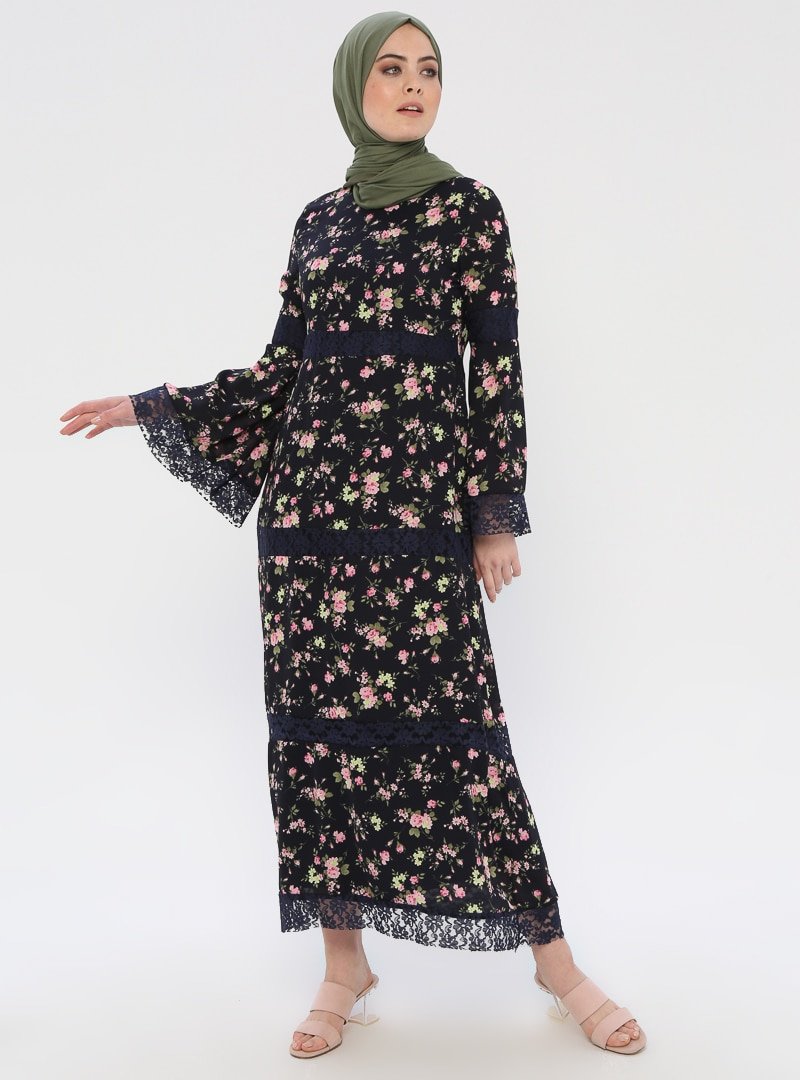 Ginezza Lacivert Çiçek Desenli Dantel Detaylı Elbise