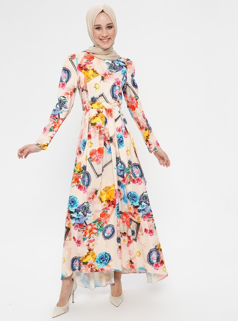 Moda Zenis Krem Çiçek Desenli Elbise