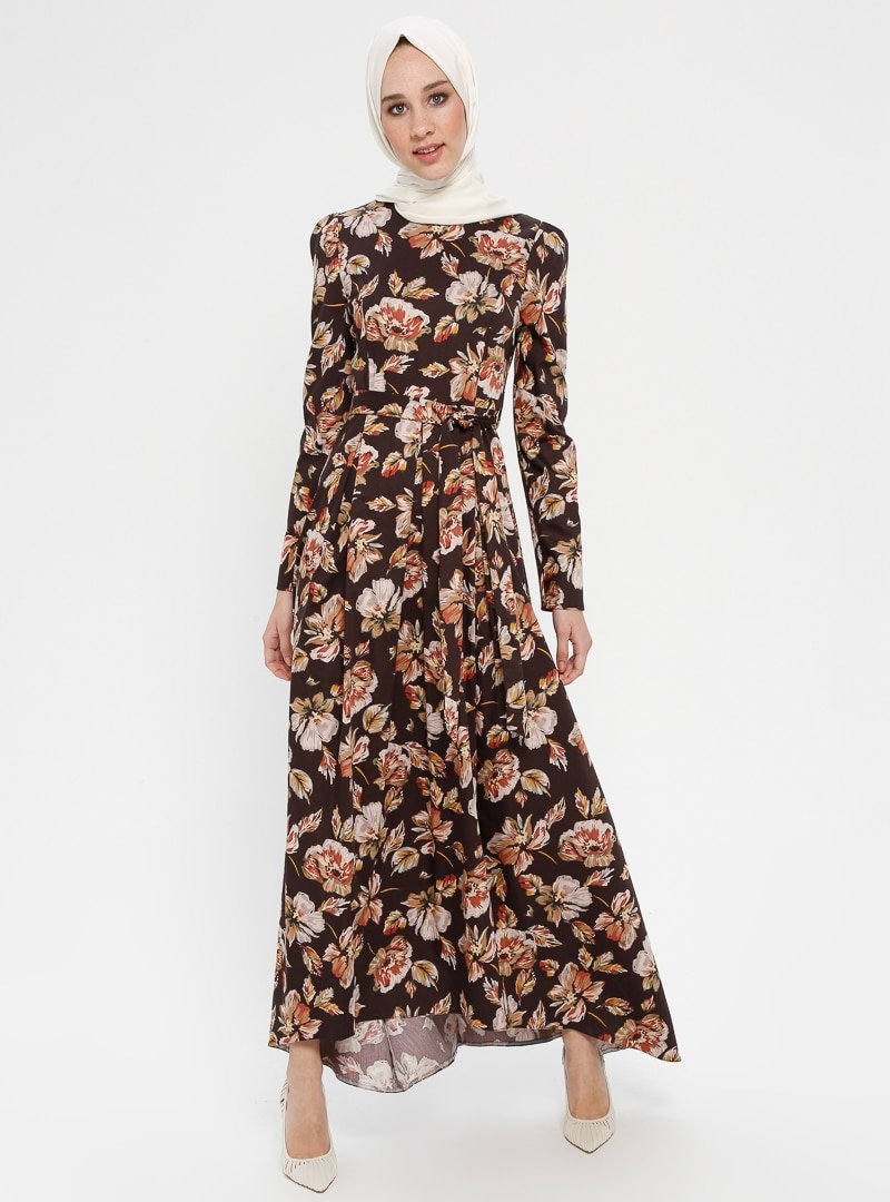 Moda Zenis Kahverengi Çiçek Desenli Kuşaklı Elbise