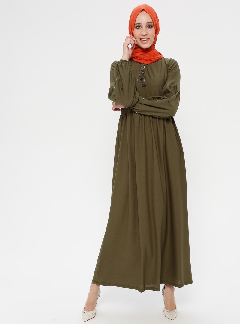 Dadali Haki Yakası Bağcıklı Elbise