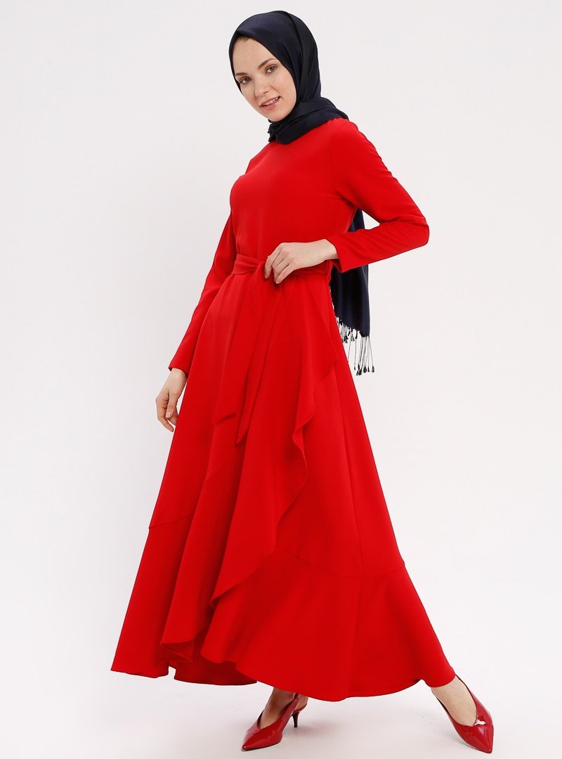 Panaline Kırmızı Volan Detaylı Elbise