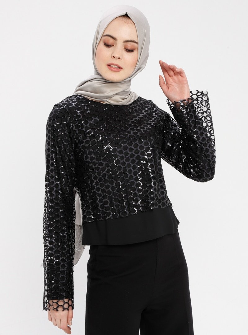 Filizzade Siyah Payetli Bluz