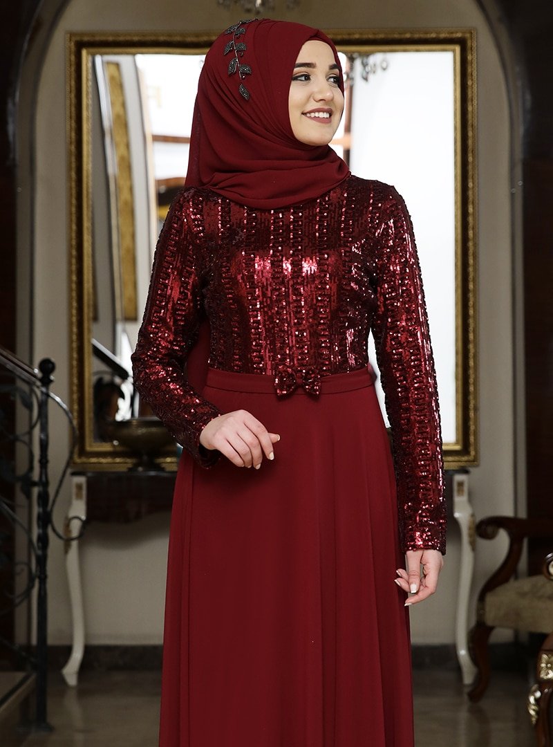 Rana Zenn Bordo Elif Abiye Elbise
