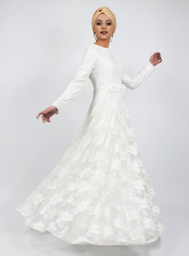 Sew&Design Beyaz Dantelli Abiye Elbise