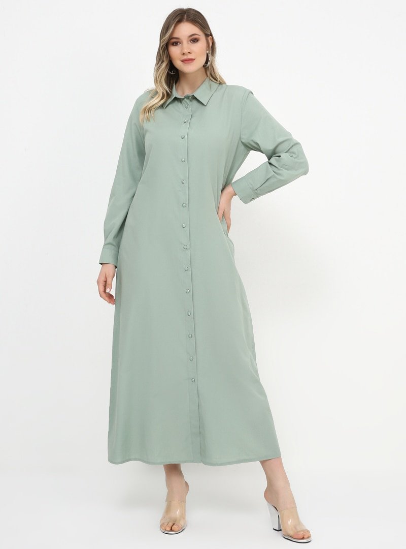 Alia Nil Yeşili Boydan Düğmeli Elbise
