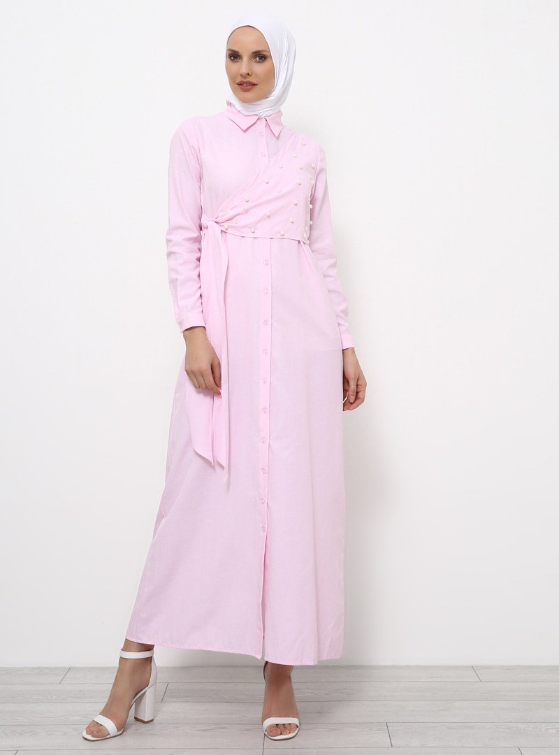 Refka Pembe Boydan Düğmeli İnci Detaylı Elbise