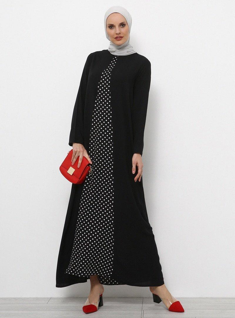 Refka Siyah Doğal Kumaşlı Puantiyeli Elbise