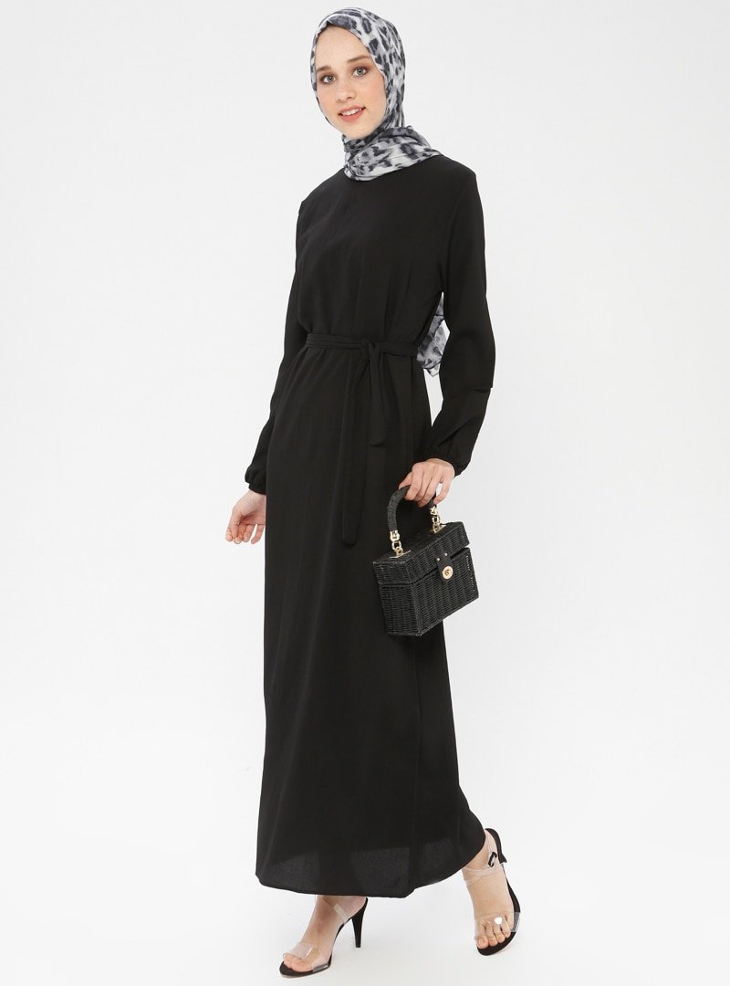 İLMEK TRİKO Siyah Kol Ucu Lastikli Elbise