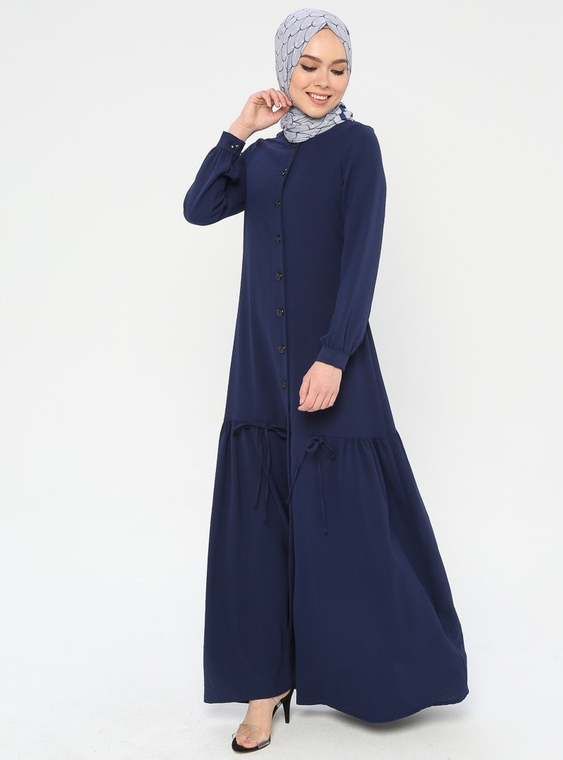 Ginezza Lacivert Eteği Bağcık Detaylı Düğmeli Elbise