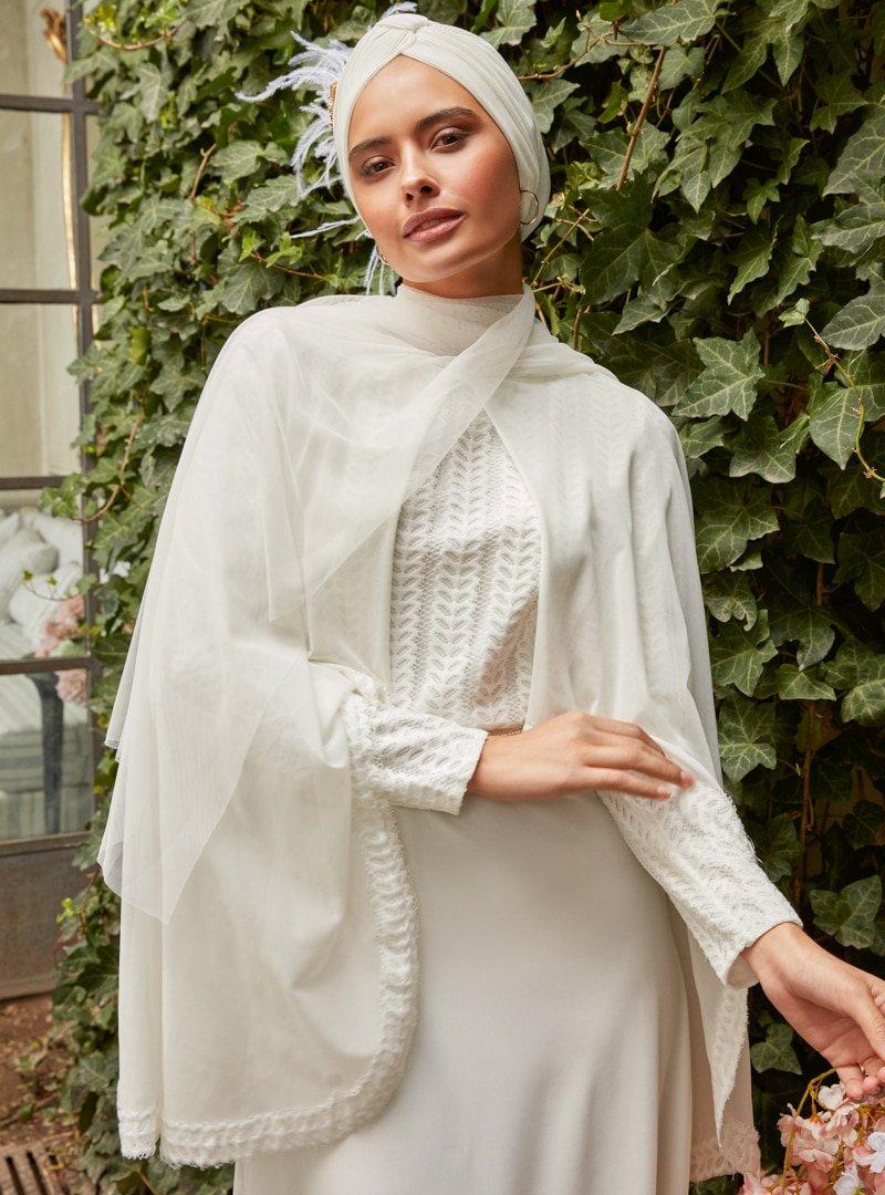 Mwedding Beyaz Pelerin Detaylı Abiye Elbise