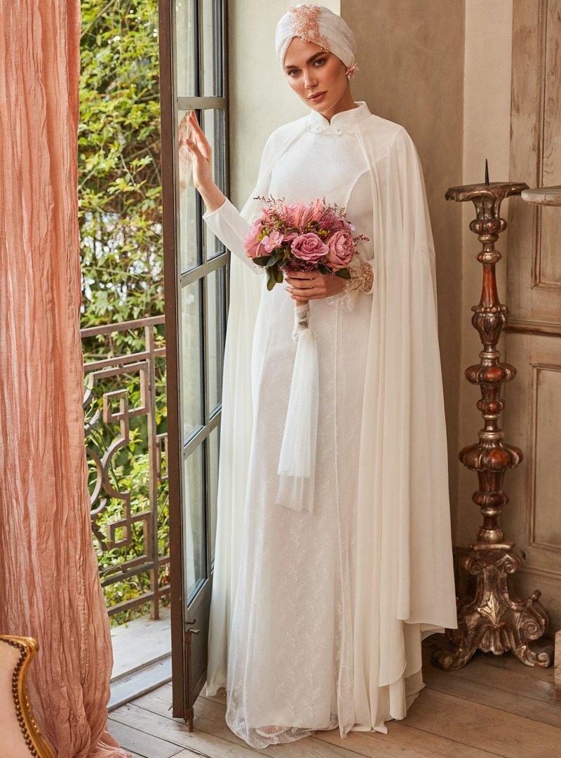 Mwedding Beyaz Pelerin Detaylı Dantelli Abiye Elbise