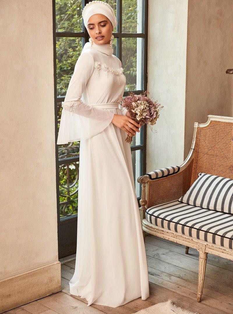 Mwedding Beyaz Güpür Detaylı Abiye Elbise