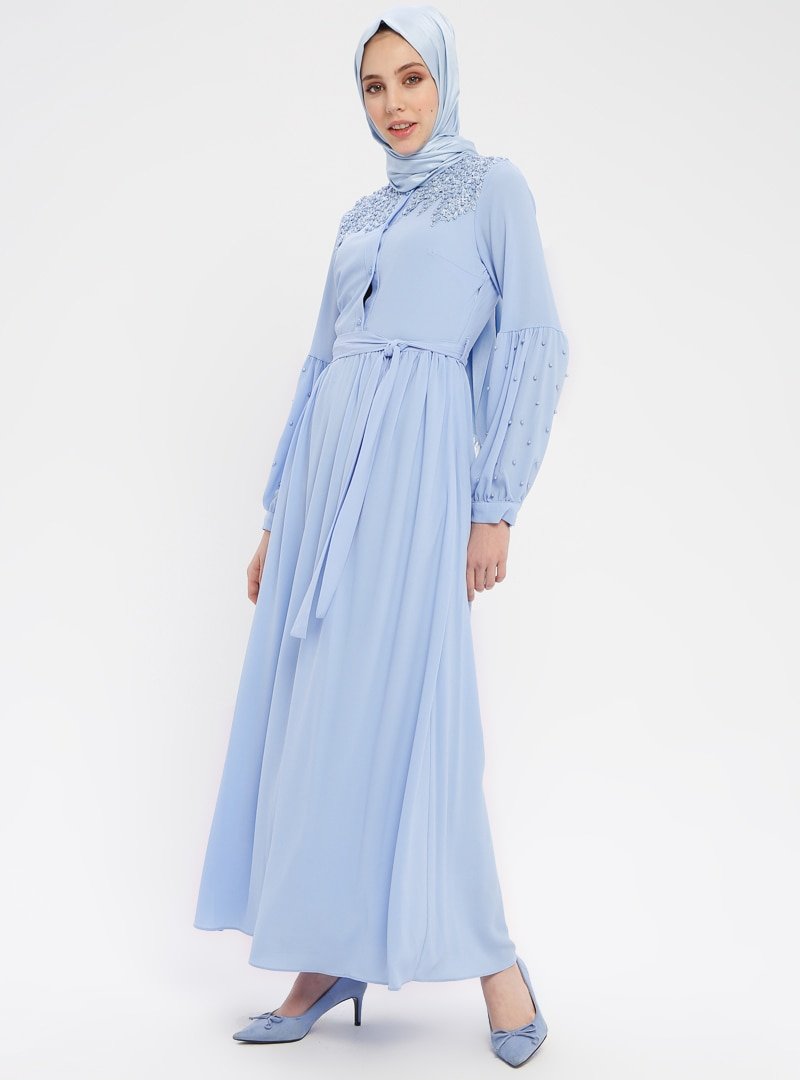 Mia Line Mavi Güpür Detaylı Elbise
