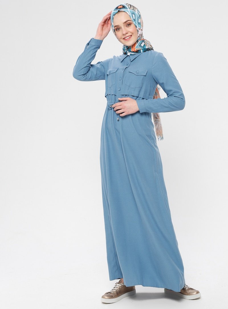 Mia Line Mavi Düğme Detaylı Elbise
