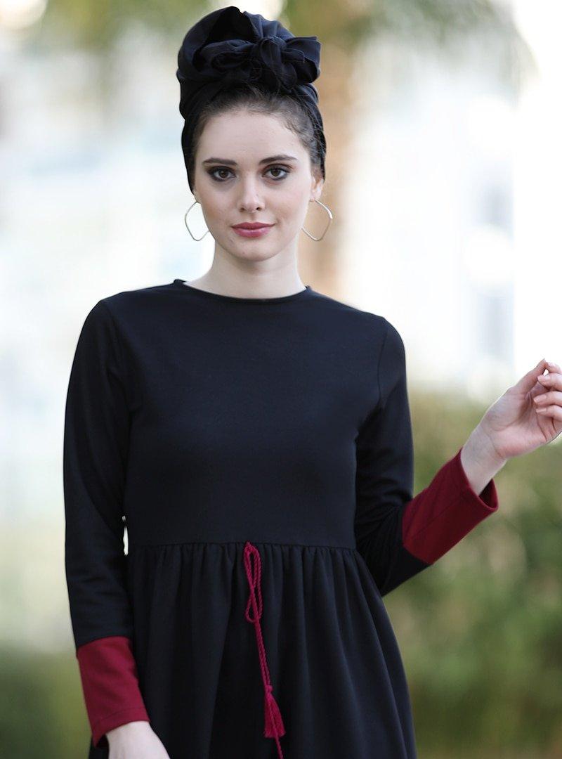 Selma Sarı Design Siyah Bordo Garnili Püsküllü Elbise