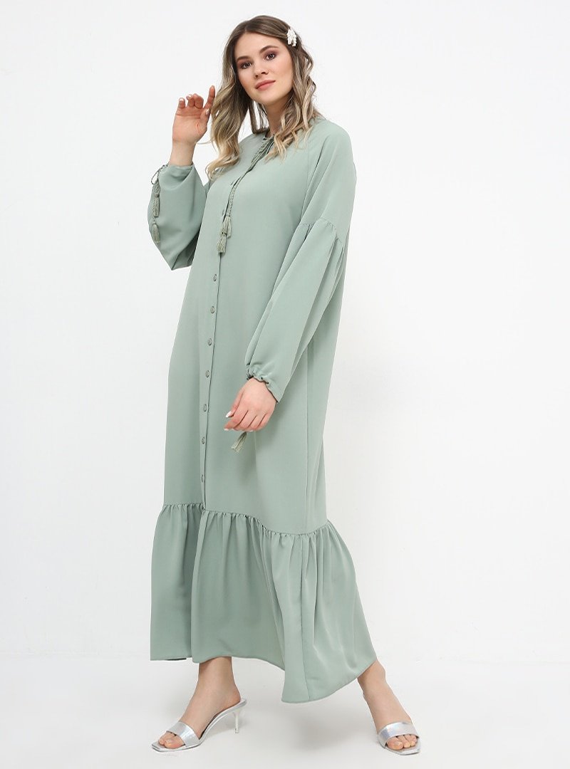 Alia Su Yeşili Eteği Volanlı Elbise