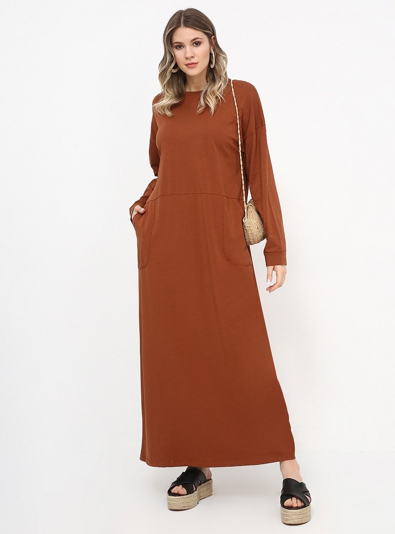 Alia Terracota Doğal Kumaşlı Cep Detaylı Elbise