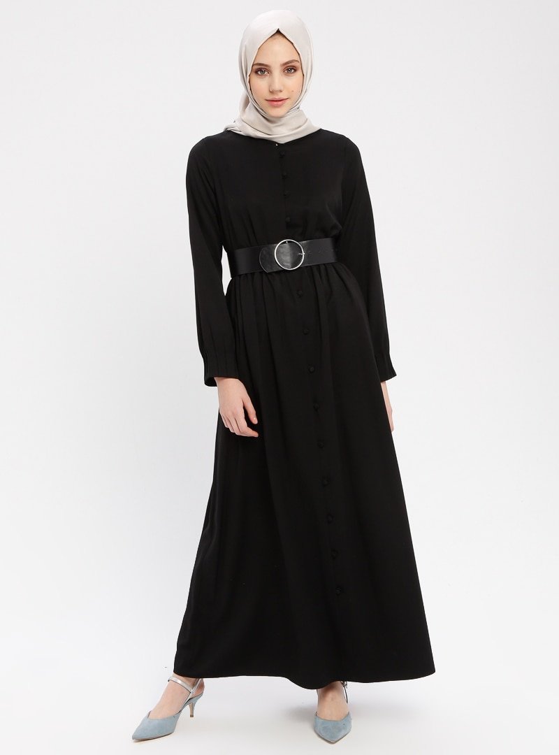 Mia Line Siyah Düğme Detaylı Elbise