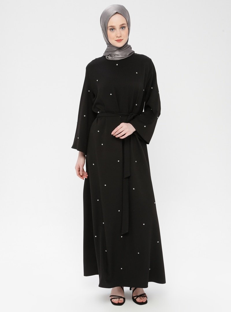 Moda Zenis Siyah Taş Detaylı Abiye Elbise