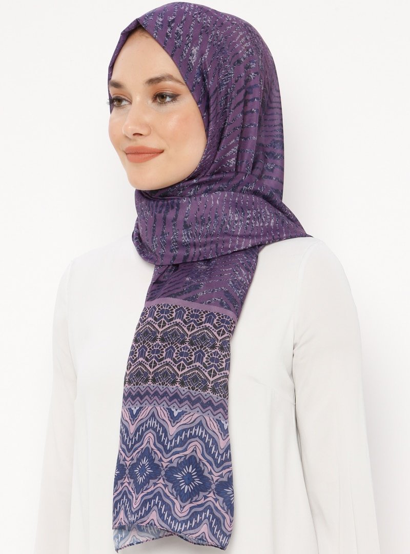 Renkli Butik Mor Desenli Pamuklu Şal