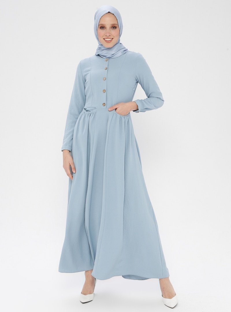 Ginezza Mavi Düğme Detaylı Cepli Elbise