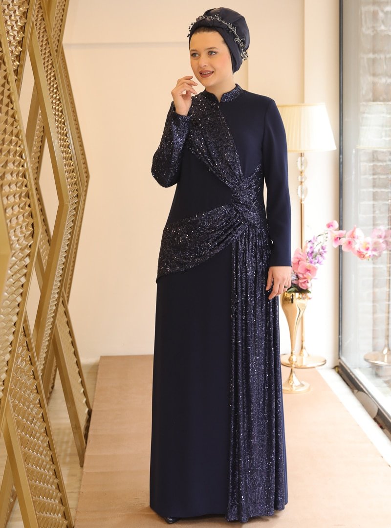 Saliha Lacivert Fiyonk Abiye Elbise