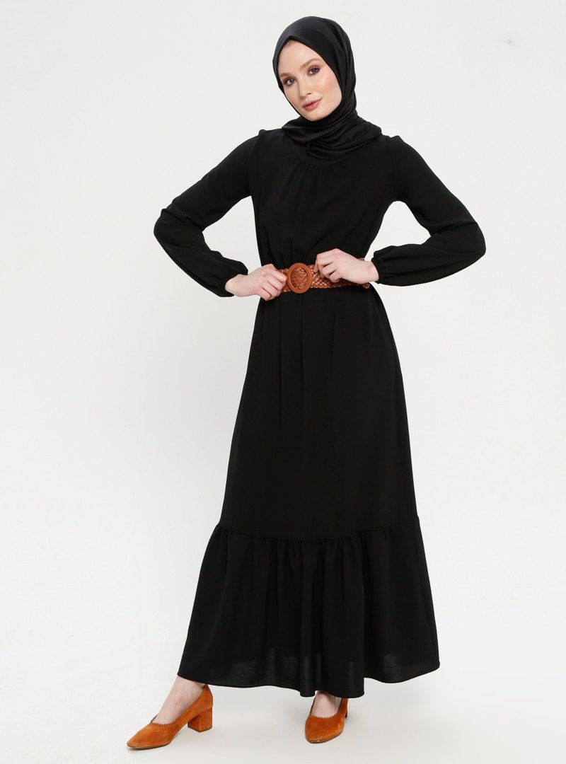 Loreen By Puane Siyah Etek Ucu Volanlı Elbise
