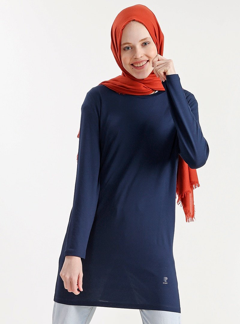 PLİSTRE Lacivert Doğal Kumaş Basic Tunik