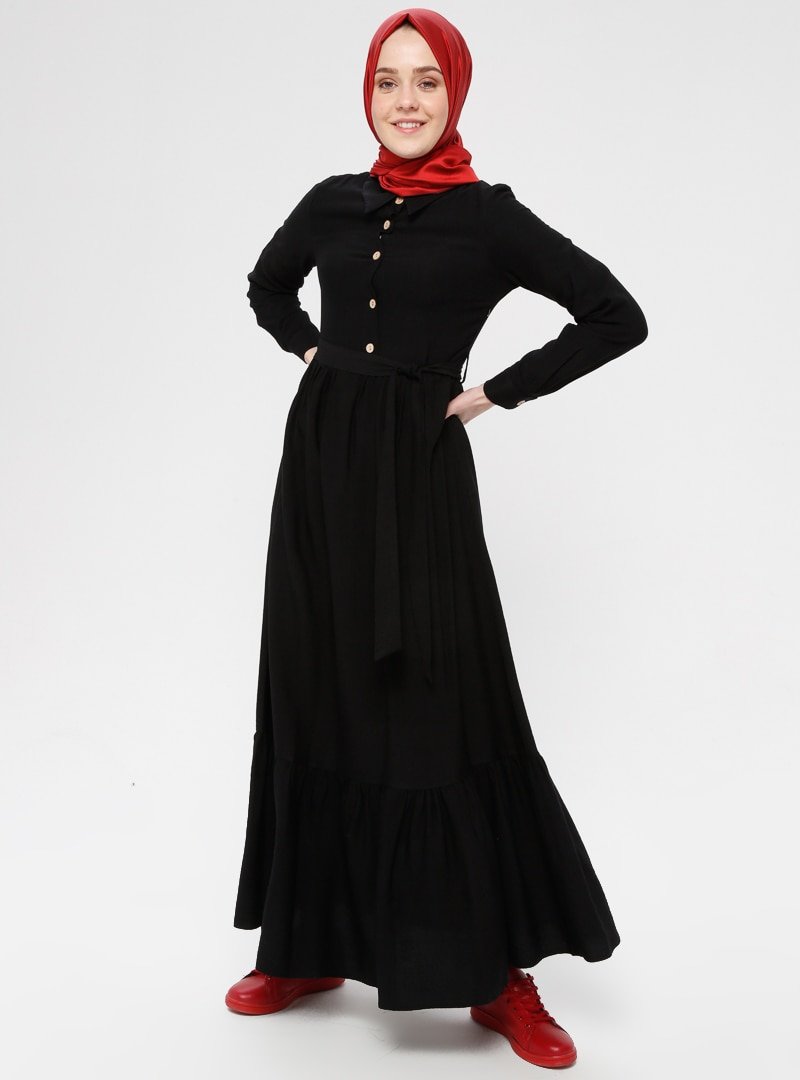 Mia Line Siyah Düğme Detaylı Elbise