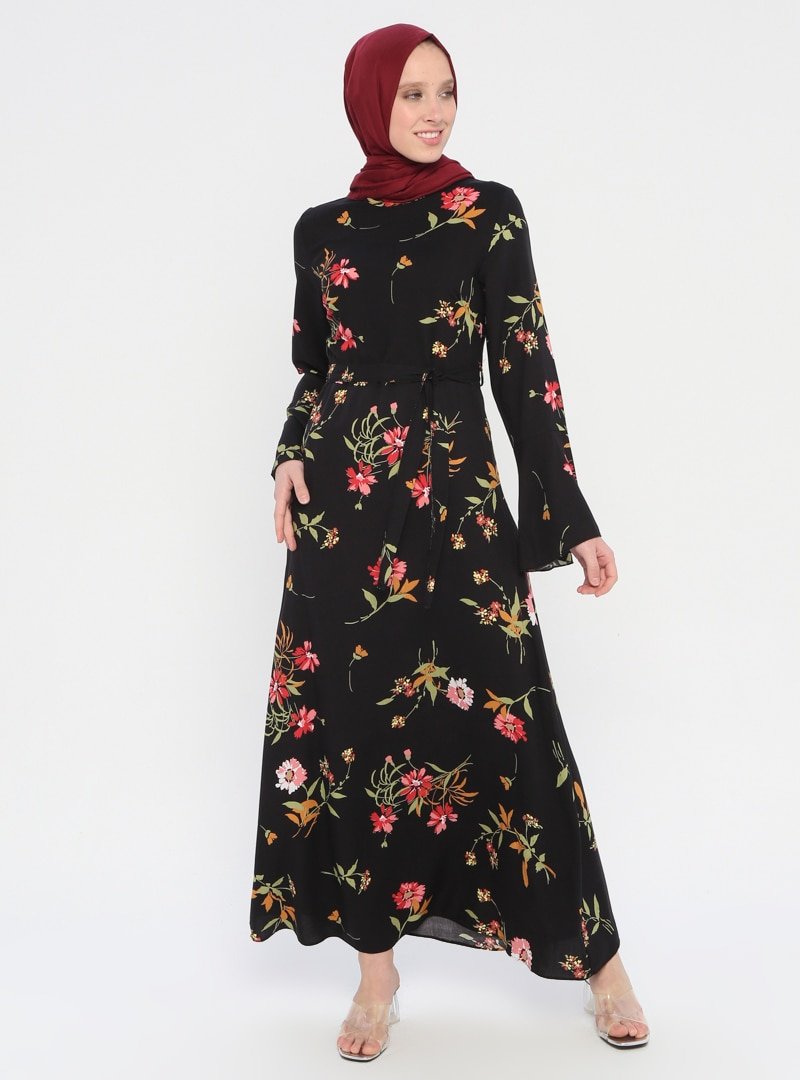 ECESUN Siyah Doğal Kumaşlı Desenli Elbise