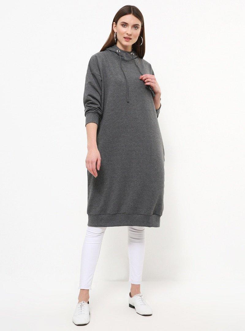 Everyday Basic Antrasit Kapüşonlu Spor Tunik