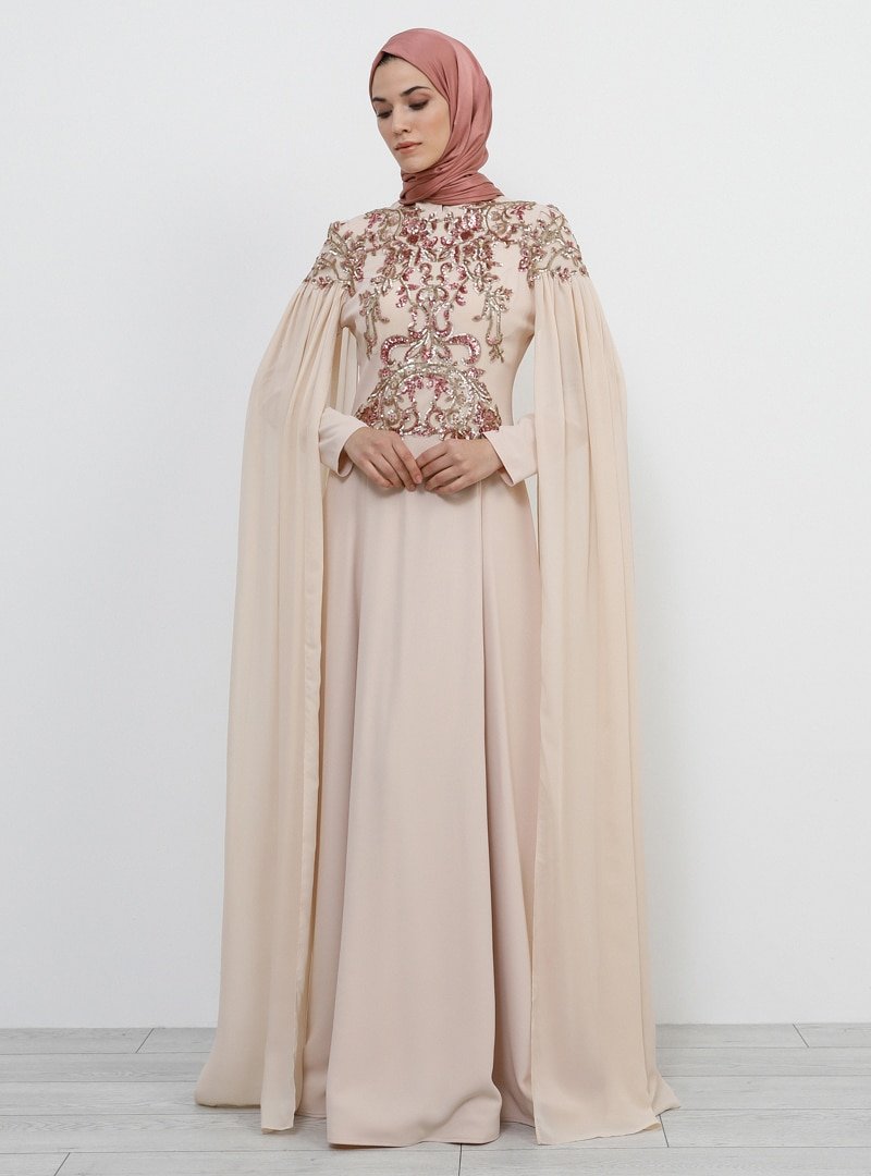 Refka Gold Şifon Detaylı Payetli Abiye Elbise