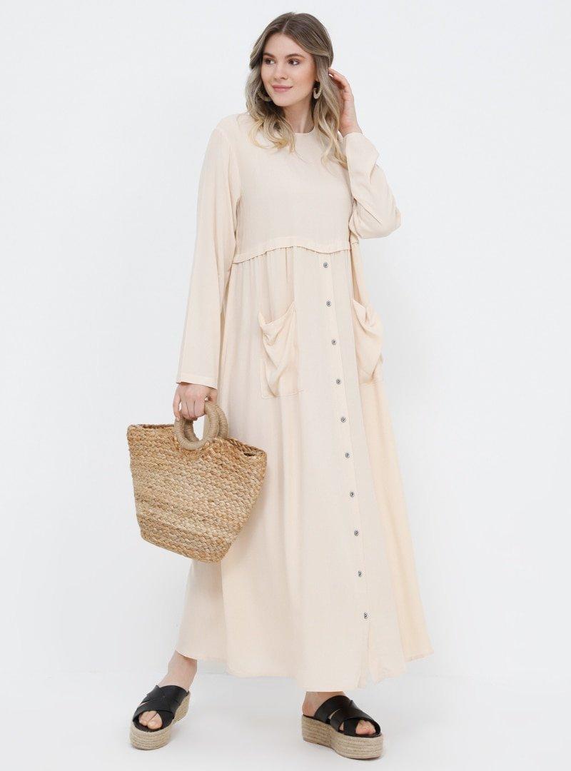 Alia Bej Doğal Kumaşlı Cep Detaylı Elbise