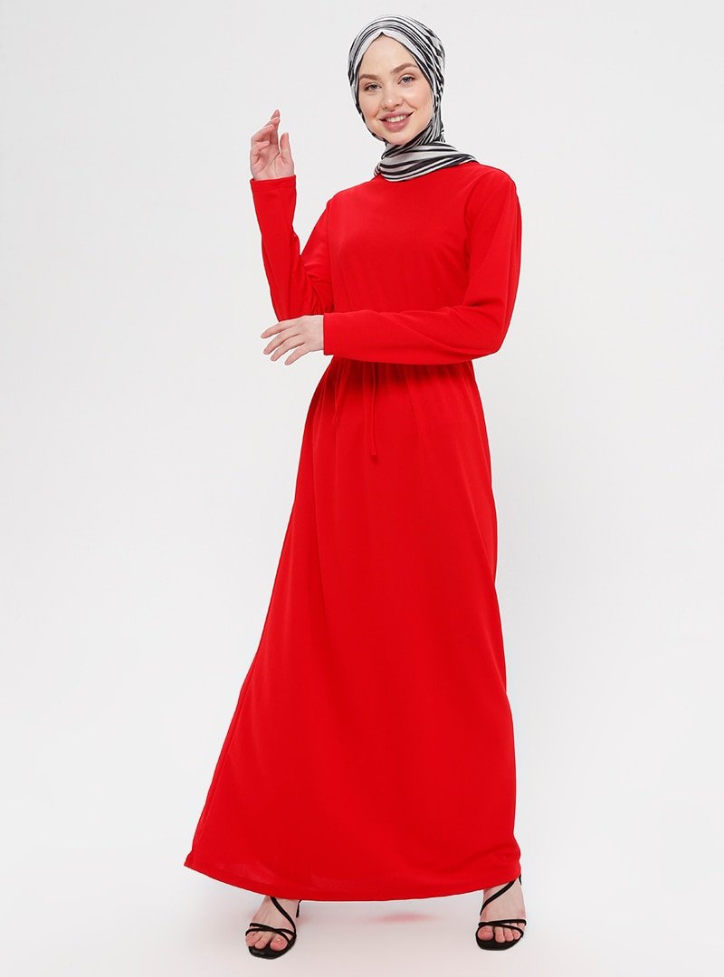 XTREND Kırmızı Doğal Kumaşlı Beli Bağcıklı Elbise