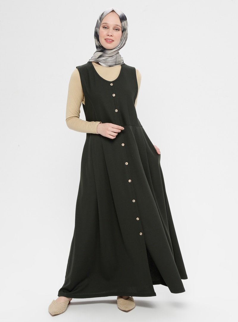İLMEK TRİKO Haki Boydan Düğmeli Kolsuz Elbise