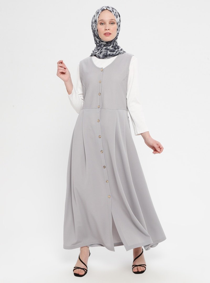 İLMEK TRİKO Gri Boydan Düğmeli Kolsuz Elbise