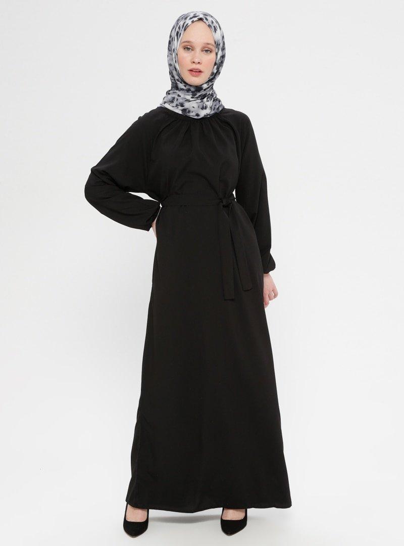 İLMEK TRİKO Siyah Yakası Lastikli Cepli Elbise