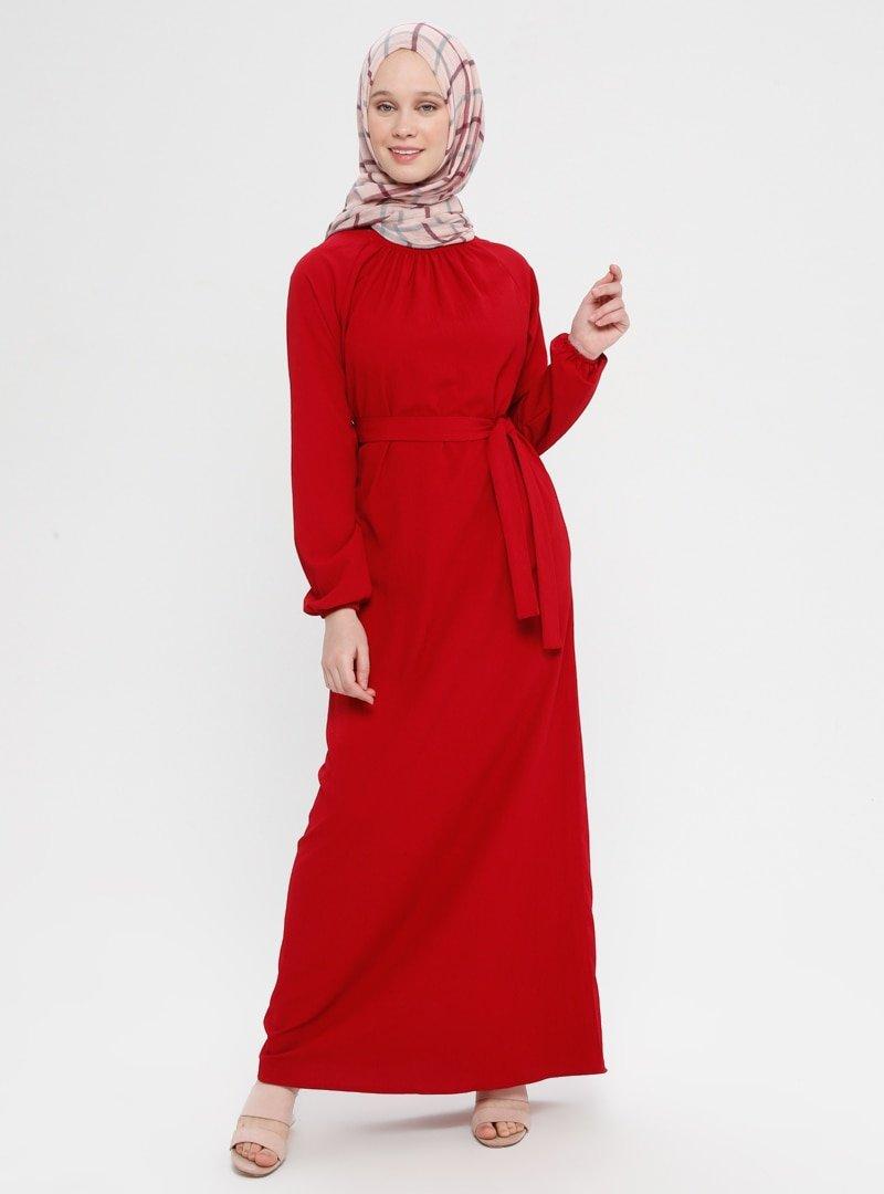 İLMEK TRİKO Kırmızı Yakası Lastikli Cepli Elbise
