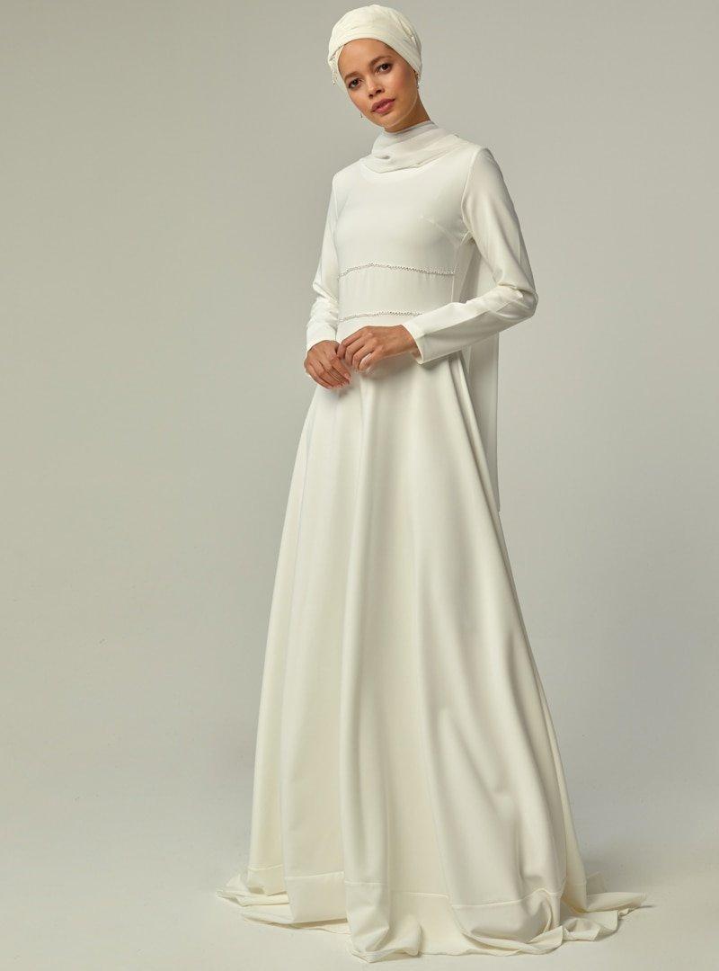 Mwedding Beyaz Taş Detaylı Abiye Elbise