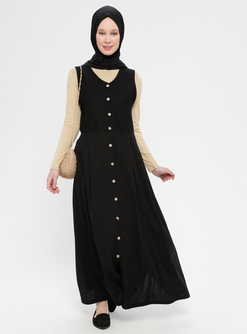 İLMEK TRİKO Siyah Boydan Düğmeli Kolsuz Elbise