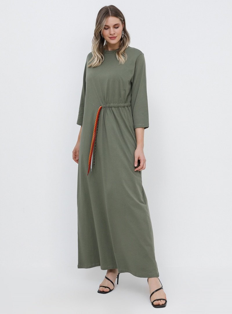 Alia Soft Haki Doğal Kumaşlı Beli İp Detaylı Elbise