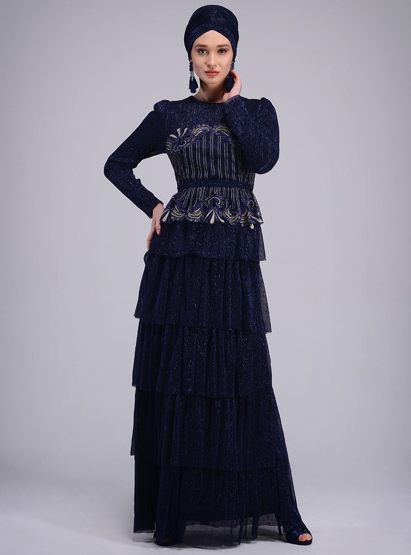 Sew&Design Lacivert Simli Nakışlı Kat Kat Fırfırlı Abiye Elbise
