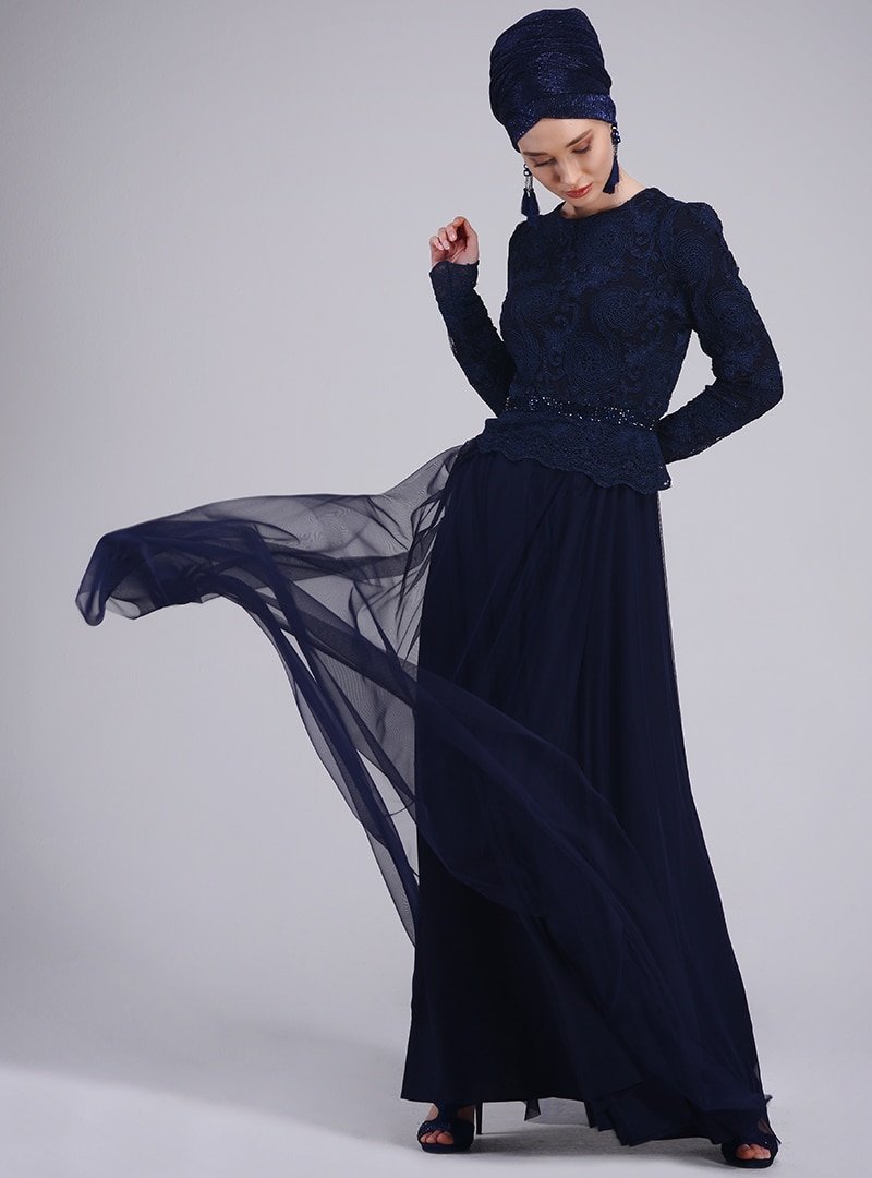 Sew&Design Lacivert Kordone Dantelli Peplum Abiye Elbise