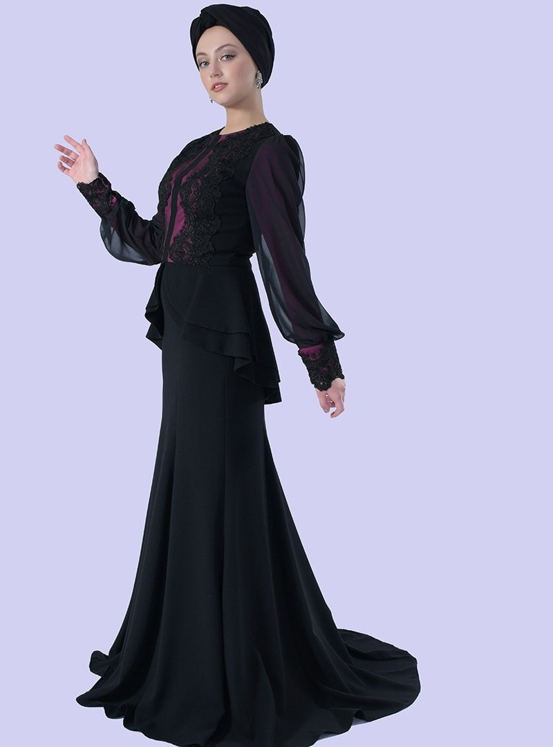 Sew&Design Siyah Balon Kol Aplikeli Peplum Abiye Elbise