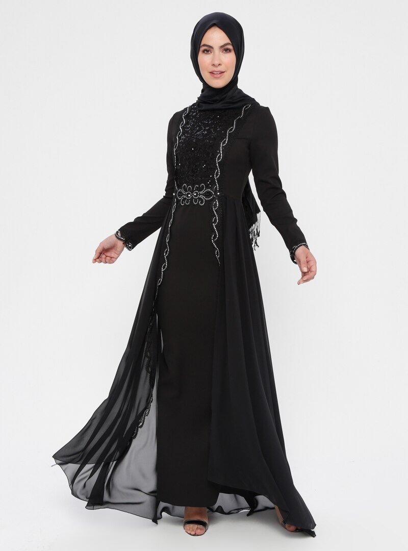 DMN Siyah Payet İşlemeli Tül Detaylı Abiye Elbise
