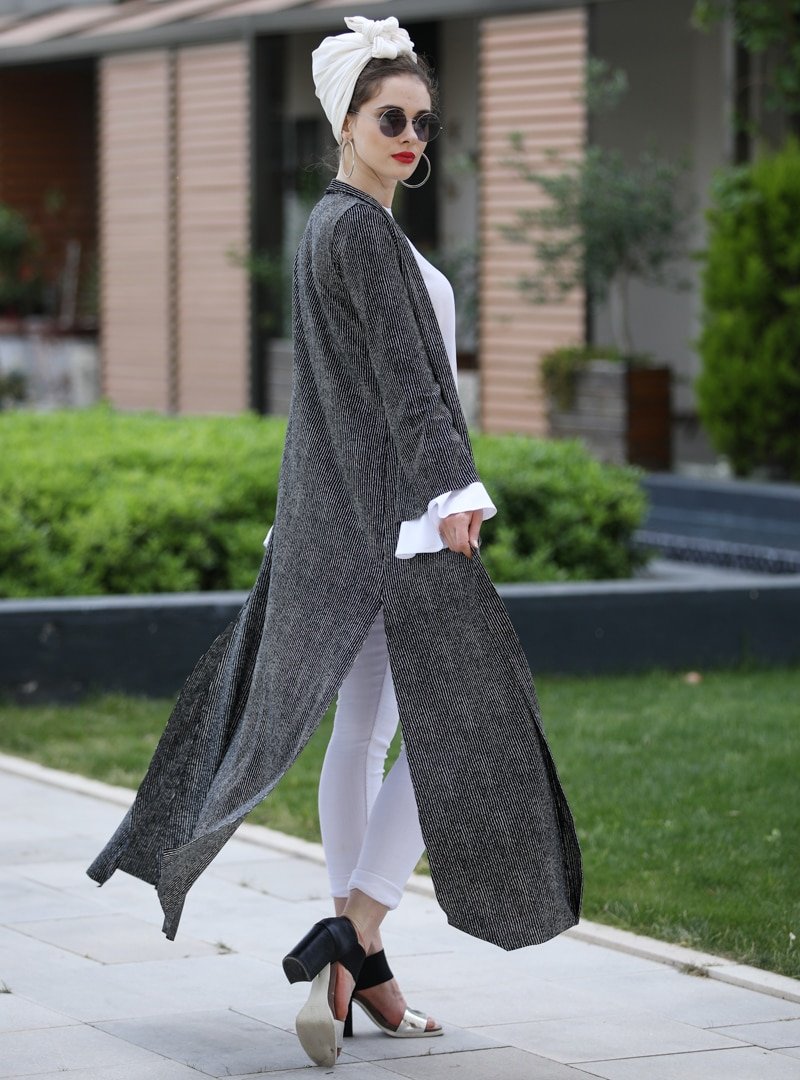 Selma Sarı Design Siyah Ekru Uzun Kimono Ceket